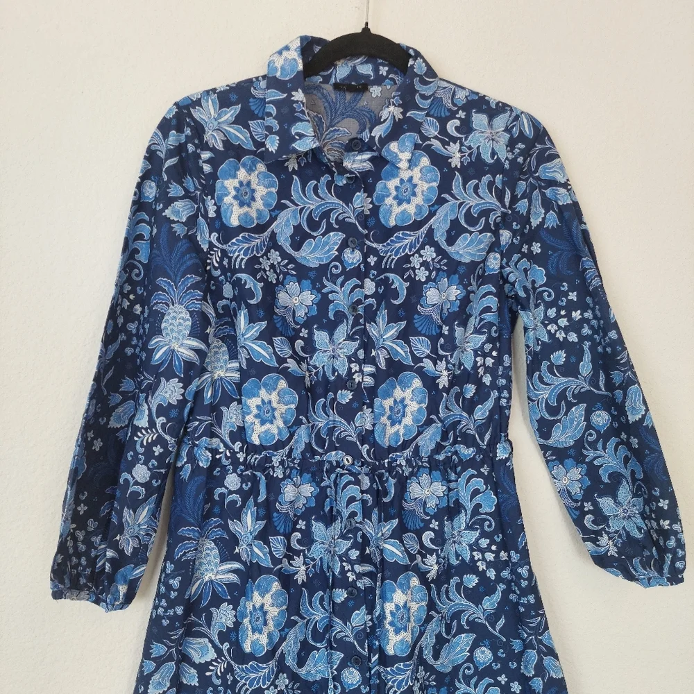 Talbots Blue Button Down Bishop‎ Sleeves Floral Midi Dress Size 4